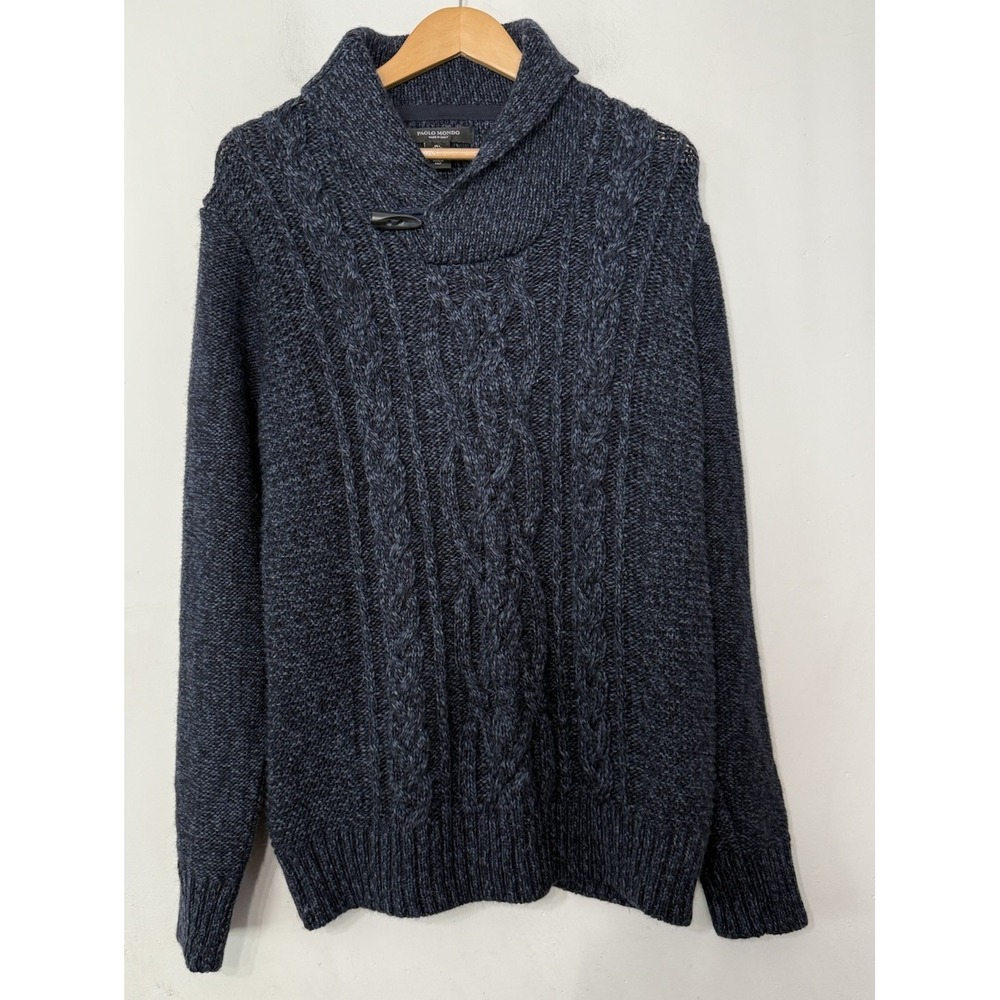 Paolo‎ Mondo Sweater Men's Large Cable Knit Shawl Collar Blue Preppy Italy Wool